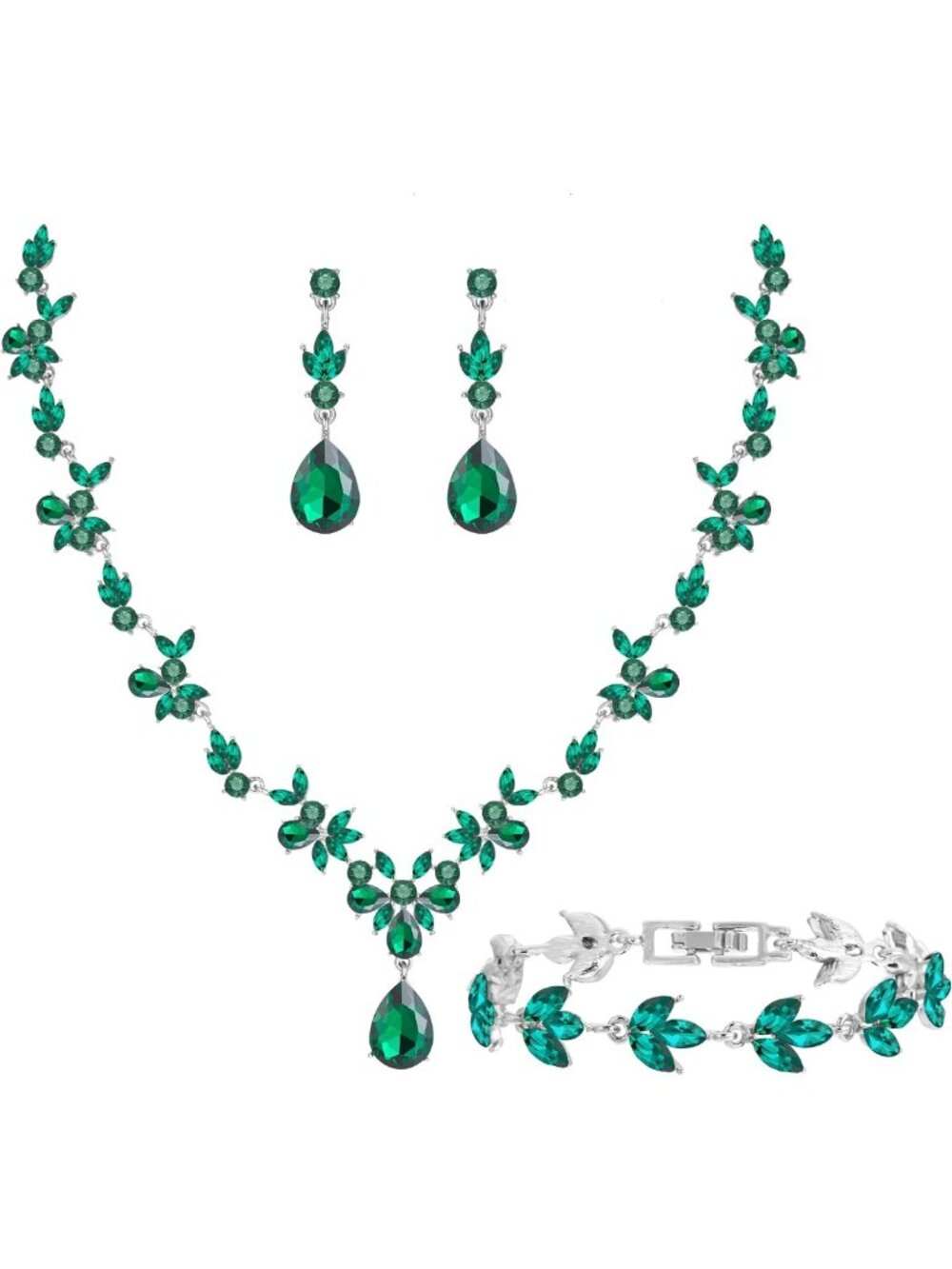 Elegant Floral Bridal Jewelry Set - Crystal Necklace, Earrings & Bracelet for